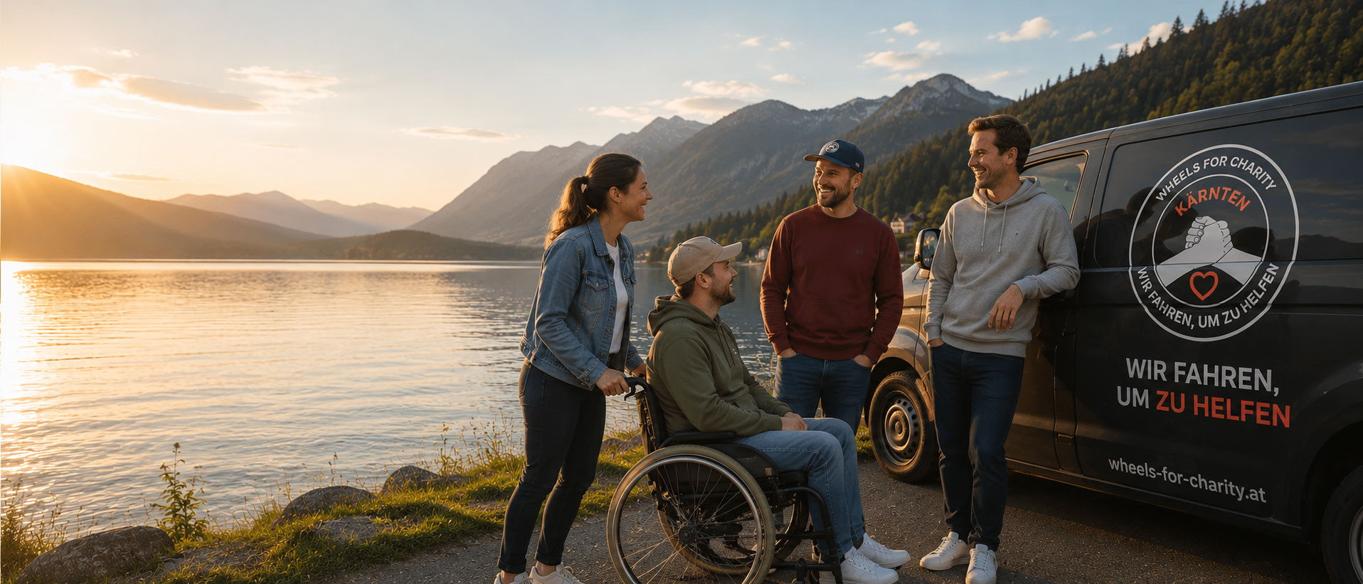 Ehrenamtliche Helferinnen und Helfer von Wheels for Charity mit einem Rollstuhl am See